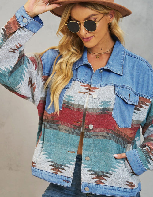 Load image into Gallery viewer, Geometric Button Up Dropped Shoulder Denim Jacket
