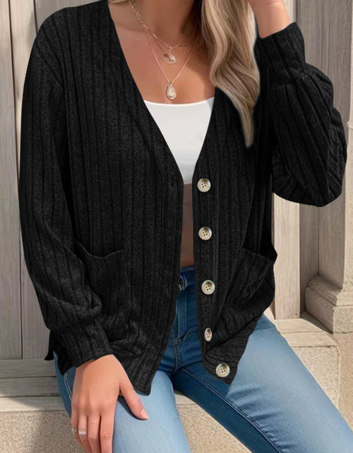 Load image into Gallery viewer, Full Size Button Up V-Neck Long Sleeve Cardigan
