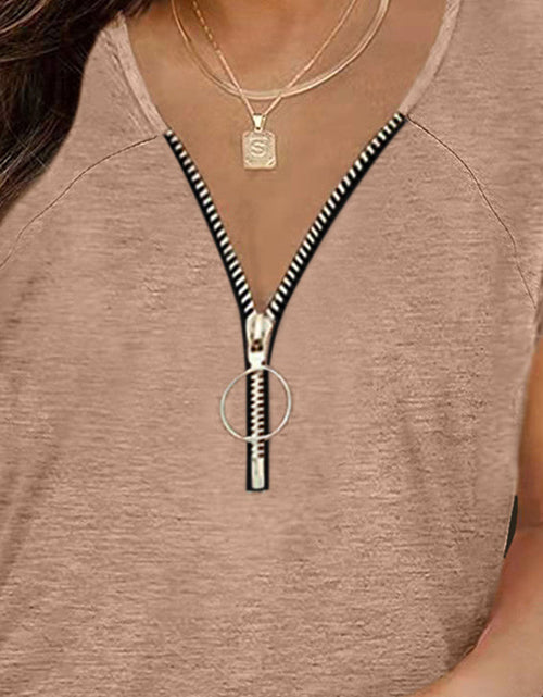 Load image into Gallery viewer, Full Size Half Zip Cap Sleeve T-Shirt
