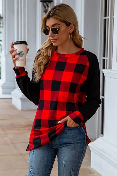 Load image into Gallery viewer, Plaid Round Neck Long Sleeve T-Shirt
