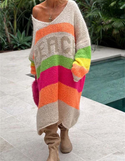 Load image into Gallery viewer, Color Block V-Neck Long Sleeve Sweater Dress
