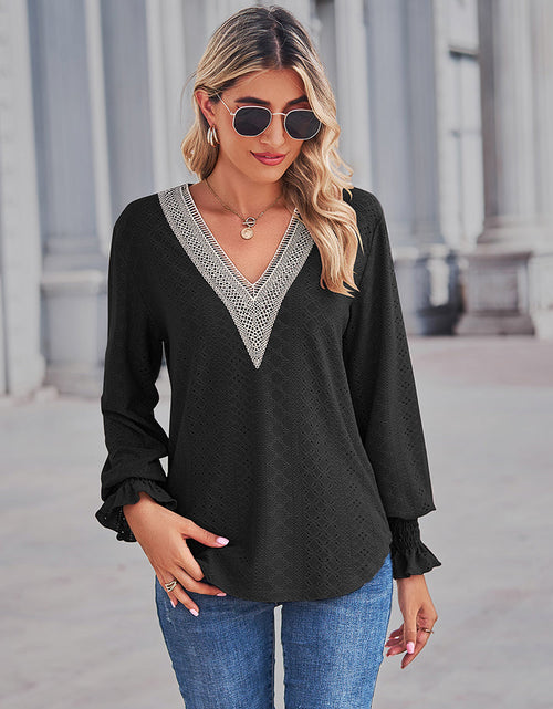 Load image into Gallery viewer, V-Neck Eyelet Flounce Sleeve Blouse
