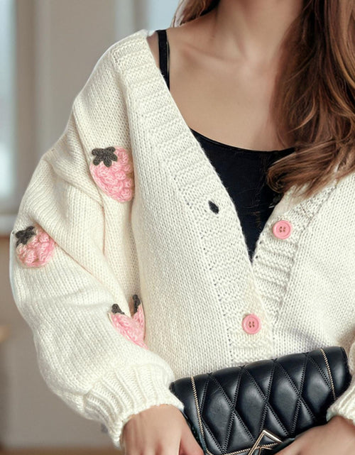 Load image into Gallery viewer, Crochet Strawberry V-Neck Long Sleeve Cardigan

