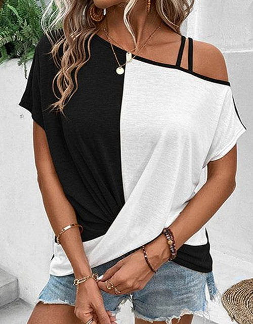 Load image into Gallery viewer, Contrast Asymmetrical Neck Short Sleeve T-Shirt
