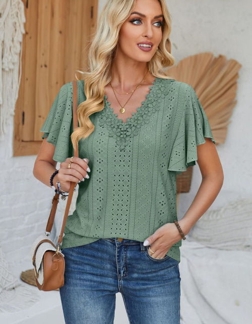Load image into Gallery viewer, Eyelet Applique V-Neck Cap Sleeve T-Shirt
