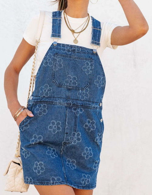 Load image into Gallery viewer, Flower Wide Strap Denim Overall Dress with Pockets
