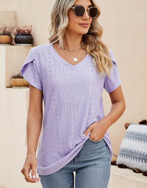 Load image into Gallery viewer, Eyelet V-Neck Petal Sleeve T-Shirt
