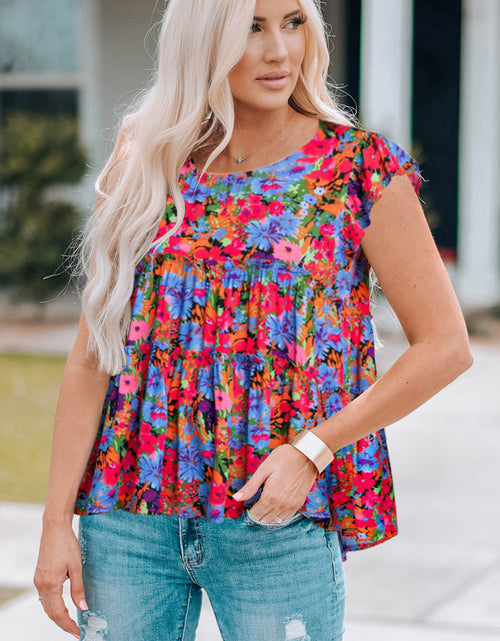 Load image into Gallery viewer, Floral Round Neck Frill Trim Blouse
