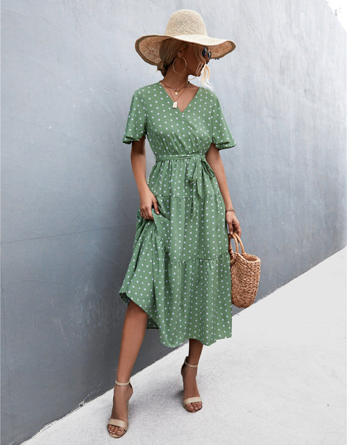 Load image into Gallery viewer, Printed V-Neck Flutter Sleeve Belted Dress
