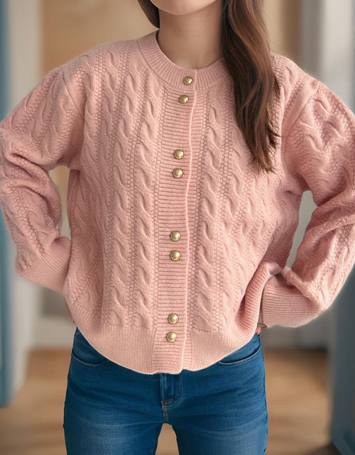 Load image into Gallery viewer, Cable-Knit Round Neck Long Sleeve Cardigan

