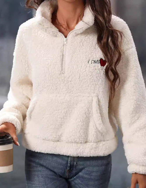 Load image into Gallery viewer, Heart Half Zip Long Sleeve Teddy Sweatshirt
