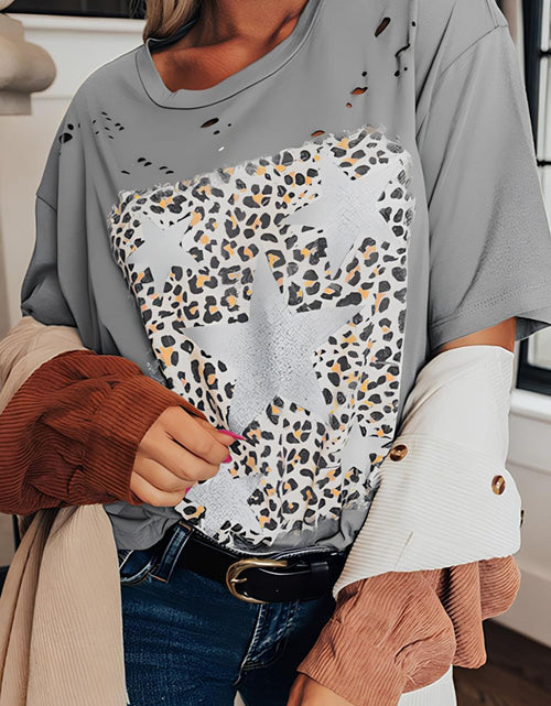 Load image into Gallery viewer, Stars Leopard Graphic Distressed T-Shirt
