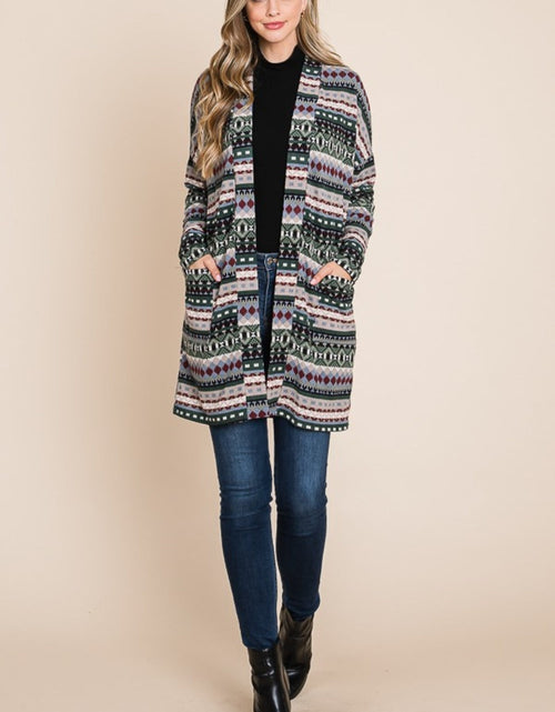 Load image into Gallery viewer, BOMBOM Geometric Open Front Long Sleeve Cardigan with Pockets
