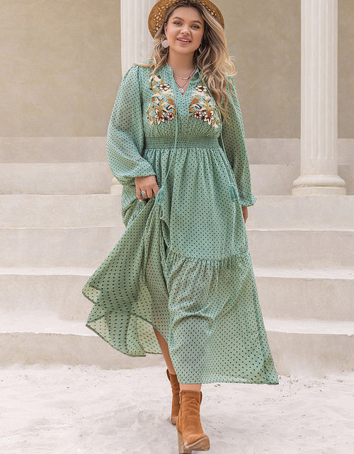 Load image into Gallery viewer, Plus Size Tassel Printed Tie Neck Long Sleeve Midi Dress
