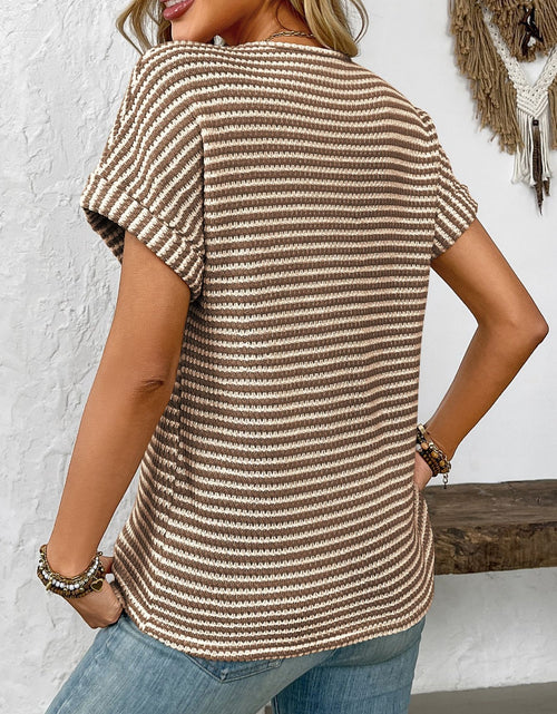 Load image into Gallery viewer, Striped Notched Short Sleeve T-Shirt
