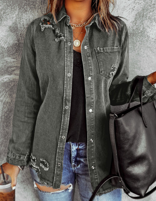 Load image into Gallery viewer, Distressed Raw Hem Snap Down Denim Jacket
