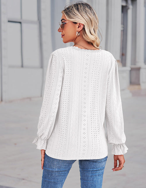 Load image into Gallery viewer, Eyelet V-Neck Flounce Sleeve Blouse
