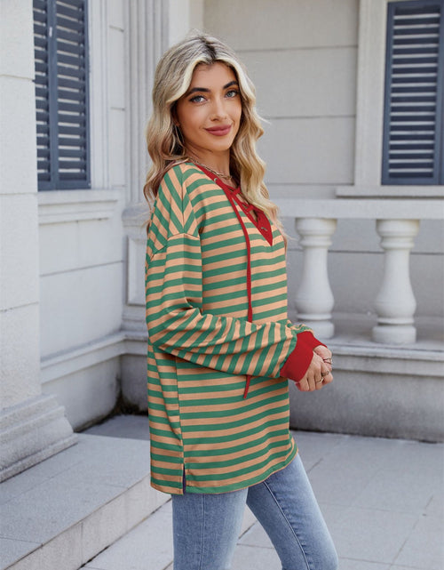 Load image into Gallery viewer, Lace-Up Striped Long Sleeve T-Shirt

