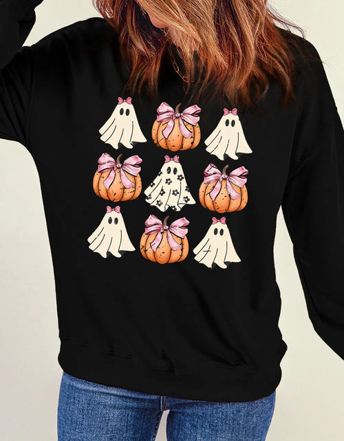 Load image into Gallery viewer, Pumpkin &amp; Ghost Round Neck Long Sleeve Sweatshirt
