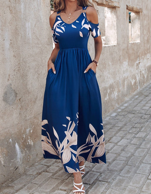 Load image into Gallery viewer, Printed Cold Shoulder Short Sleeve Maxi Dress
