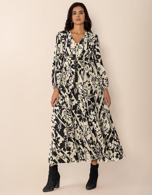 Load image into Gallery viewer, Tied Printed V-Neck Long Sleeve Midi Dress

