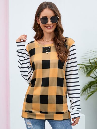 Load image into Gallery viewer, Plaid Striped Round Neck Long Sleeve T-Shirt
