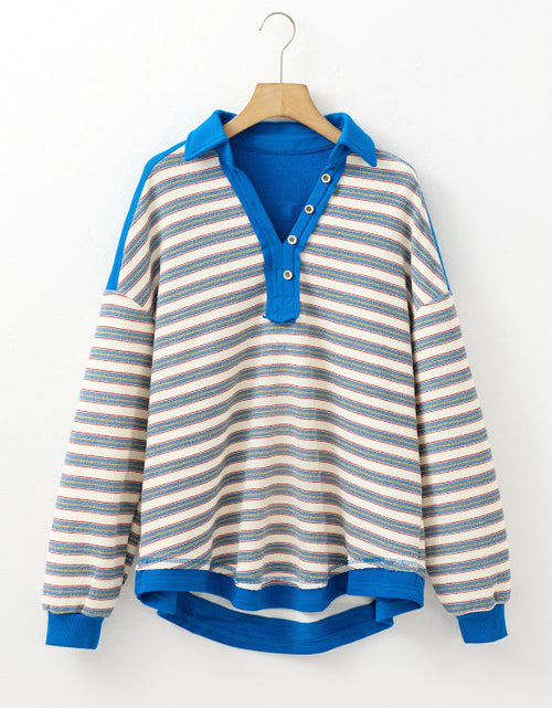 Load image into Gallery viewer, Striped Johnny Collar Long Sleeve Sweatshirt
