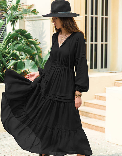 Load image into Gallery viewer, Tie Neck Long Sleeve Midi Tiered Dress
