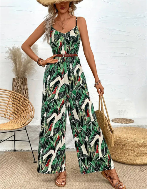 Load image into Gallery viewer, Tropical Print Spaghetti Strap Wide Leg Jumpsuit

