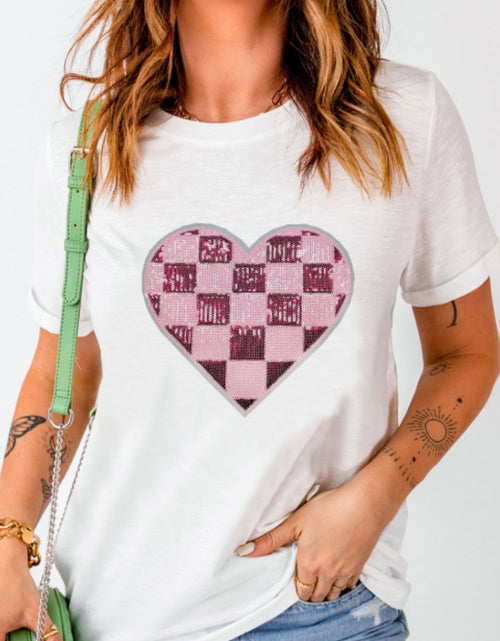 Load image into Gallery viewer, Sequin Checkered Heart Round Neck Short Sleeve T-Shirt
