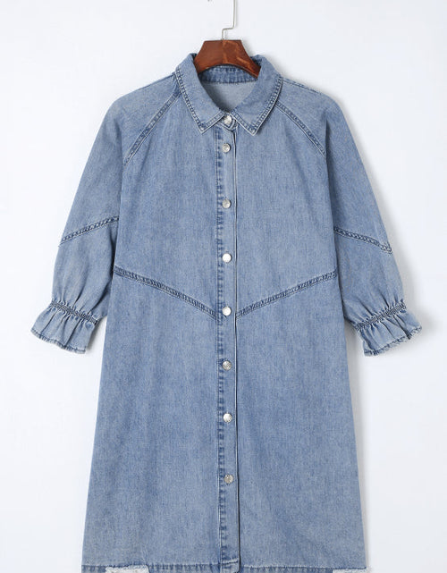 Load image into Gallery viewer, Distressed Collared Neck Flounce Sleeve Denim Dress
