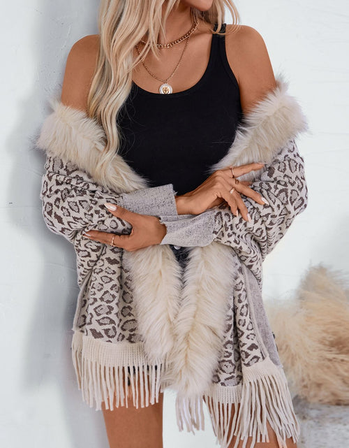 Load image into Gallery viewer, Fringe Leopard Open Front Long Sleeve Poncho
