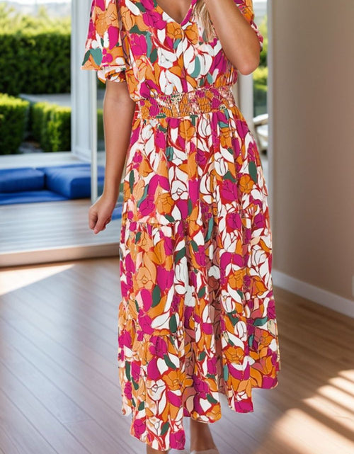 Load image into Gallery viewer, Frill Printed Notched Short Sleeve Midi Dress
