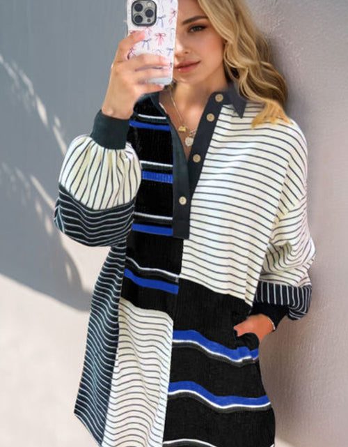 Load image into Gallery viewer, Oh Full Size Striped Half Button Long Sleeve Mini Dress
