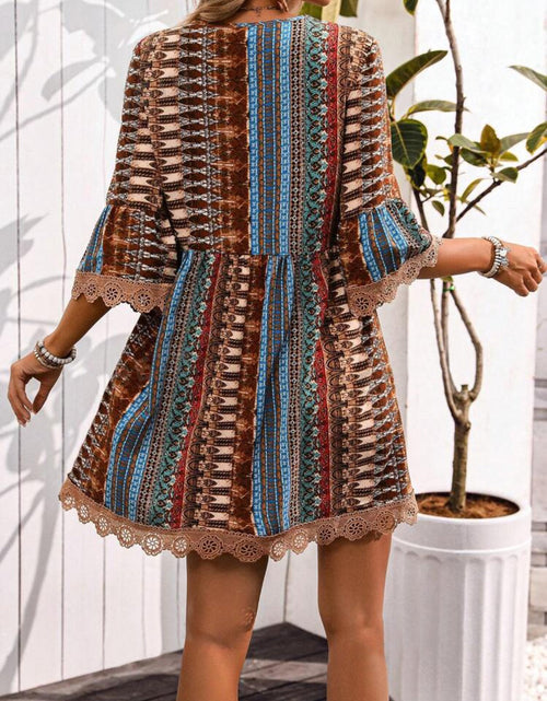 Load image into Gallery viewer, Lace Trim Printed V-Neck 3/4 Sleeve Dress
