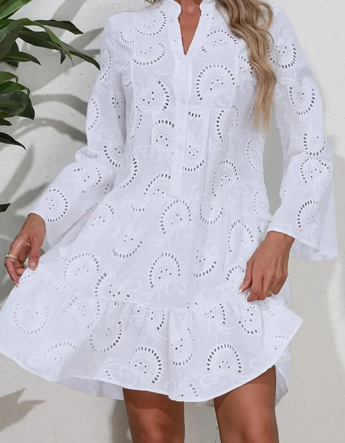 Load image into Gallery viewer, Ruffle Hem Eyelet Notched Long Sleeve Dress
