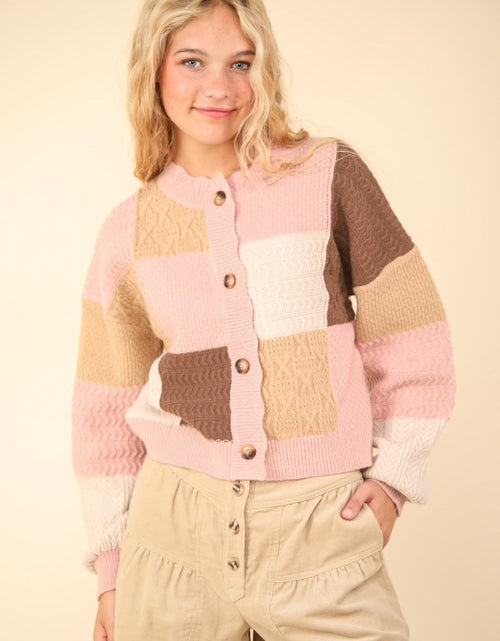 Load image into Gallery viewer, VERY J Color Block Button Down Textured Sweater Cardigan
