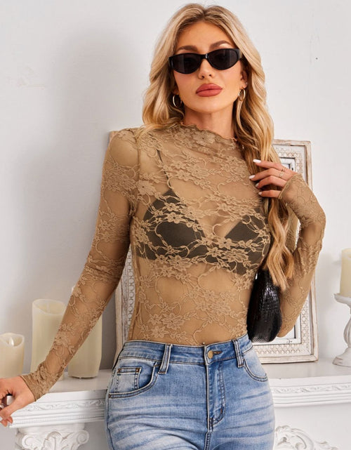 Load image into Gallery viewer, Mock Neck Long Sleeve Lace Sheer Top
