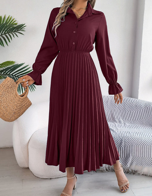 Load image into Gallery viewer, Pleated Half Button Long Sleeve Midi Dress
