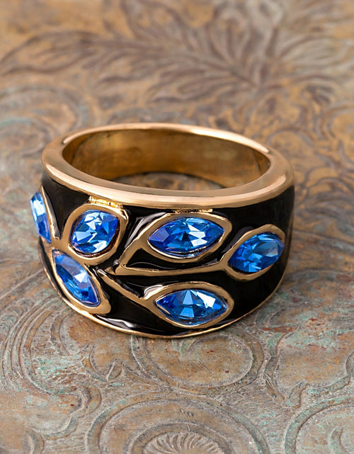 Load image into Gallery viewer, Vintage 1980's Black Enamel Ring with Clear Austrian Crystals Leaf Motif 18k Gold Plated by PVD Vintage Jewelry
