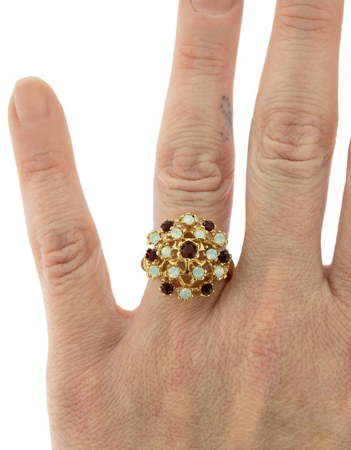 Load image into Gallery viewer, Vintage Ring Ruby Austrian Crystals and Pinfire Opals 18k White Gold Electroplate Made in the USA by PVD Vintage Jewelry
