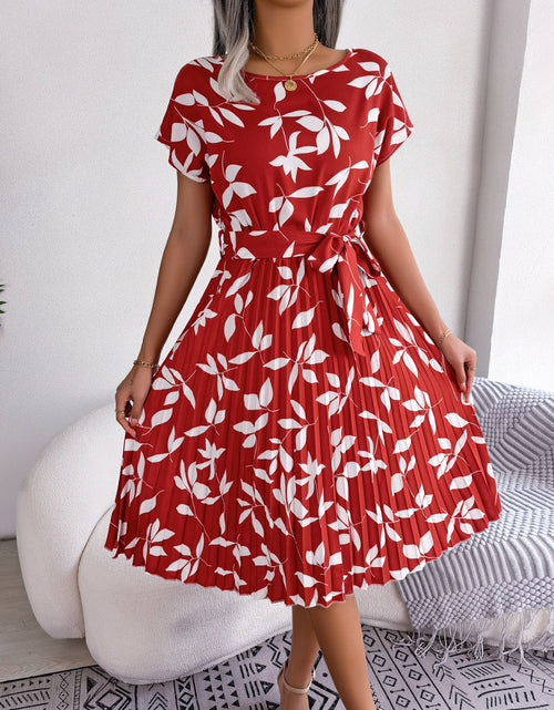 Load image into Gallery viewer, Printed Round Neck Short Sleeve Pleated Dress

