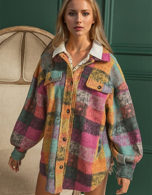 Load image into Gallery viewer, Double Take Full Size Button Up Plaid Fleece Shacket with Pockets
