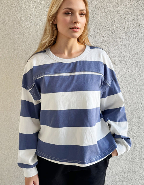 Load image into Gallery viewer, Oh Pima Cotton Wash Exposed Seam Contrast Striped Round Neck Long Sleeve T-Shirt
