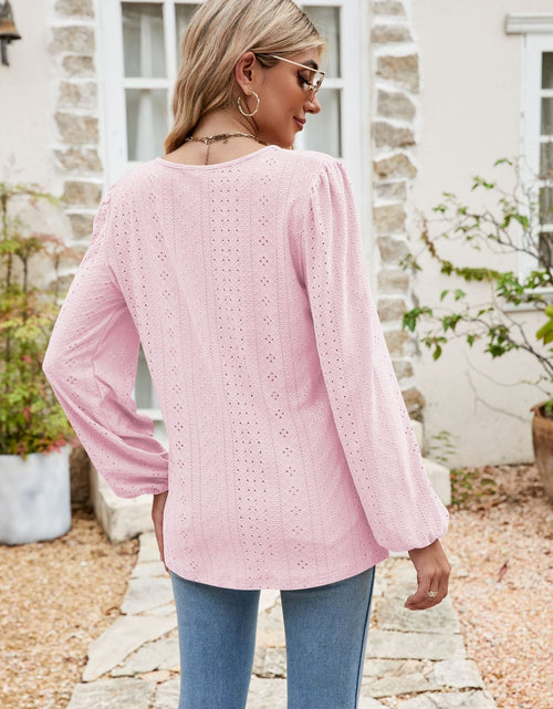 Load image into Gallery viewer, Eyelet Notched Neck Balloon Sleeve Blouse
