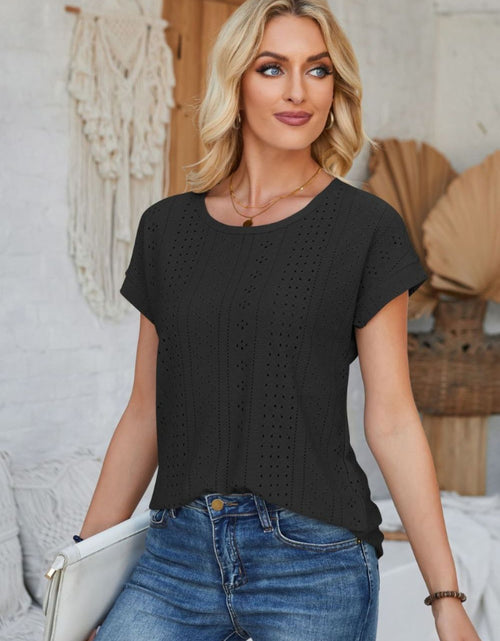 Load image into Gallery viewer, Eyelet Round Neck Rolled Short Sleeve T-Shirt
