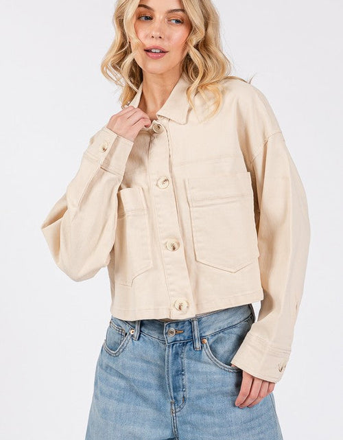 Load image into Gallery viewer, bytos Button Down Cropped Denim Jacket with Patch Pockets
