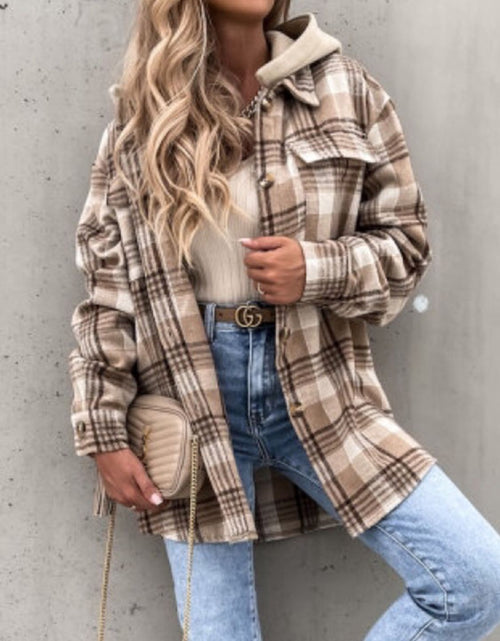 Load image into Gallery viewer, Plaid Button Up Jacket with Removable Hood

