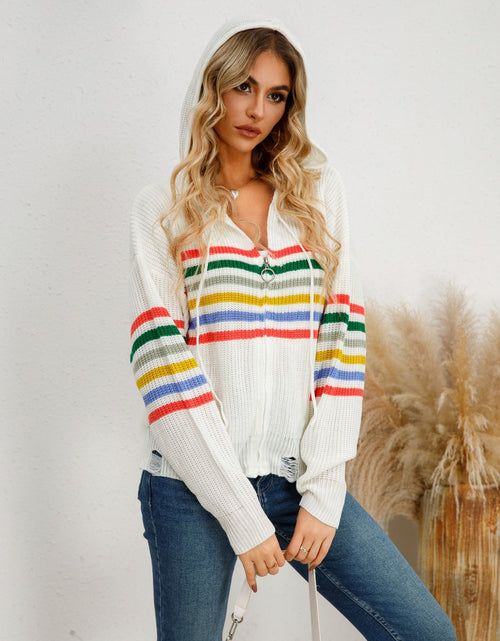 Load image into Gallery viewer, Drawstring Striped Dropped Shoulder Hooded Cardigan
