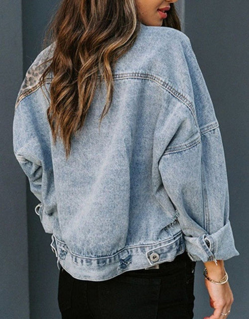 Load image into Gallery viewer, Distressed Leopard Drop Shoulder Denim Jacket
